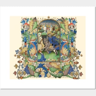 St.George,Dragon and Princess ,Medieval Miniature in Blue Green Floral Leaves Posters and Art